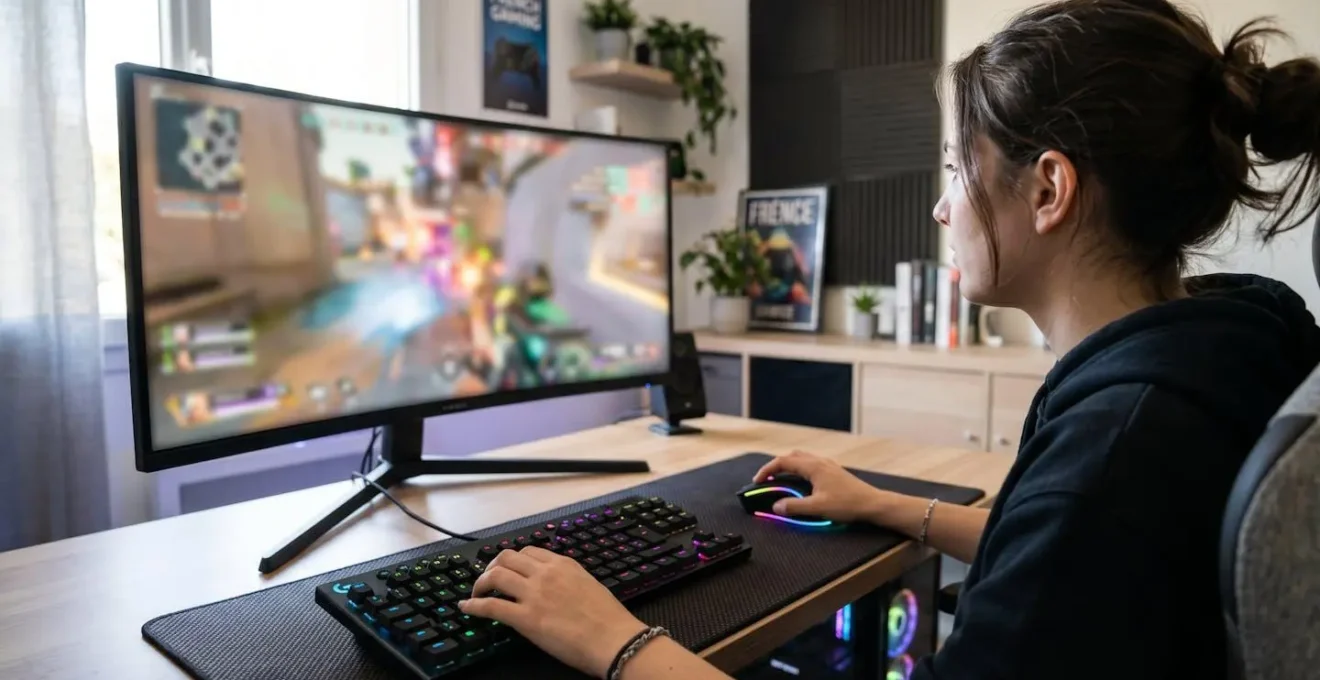 Vue par-dessus l'épaule d'un gamer dont les mains reposent sur un clavier RGB illuminé dans une chambre moderne