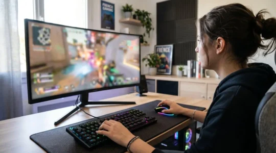 Vue par-dessus l'épaule d'un gamer dont les mains reposent sur un clavier RGB illuminé dans une chambre moderne