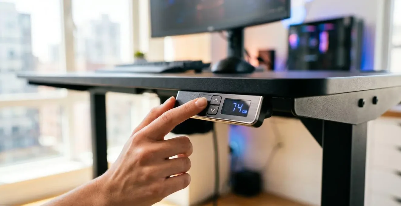 Gros plan d'une main actionnant le mécanisme de réglage en hauteur d'un bureau gaming sur fond de chambre moderne floue