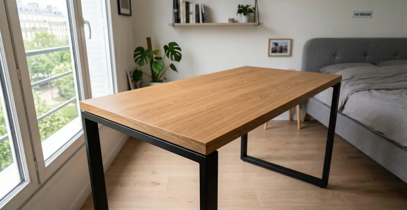 Vue en angle d'un plateau de bureau gaming vide en bois clair, posé sur des pieds métalliques modernes dans une chambre lumineuse